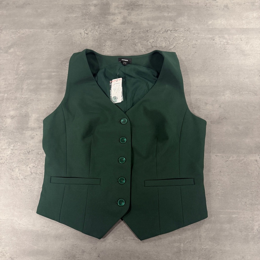 Express Blazer Vest Womens Medium Green Tailored Button Front Stretch Work Prep